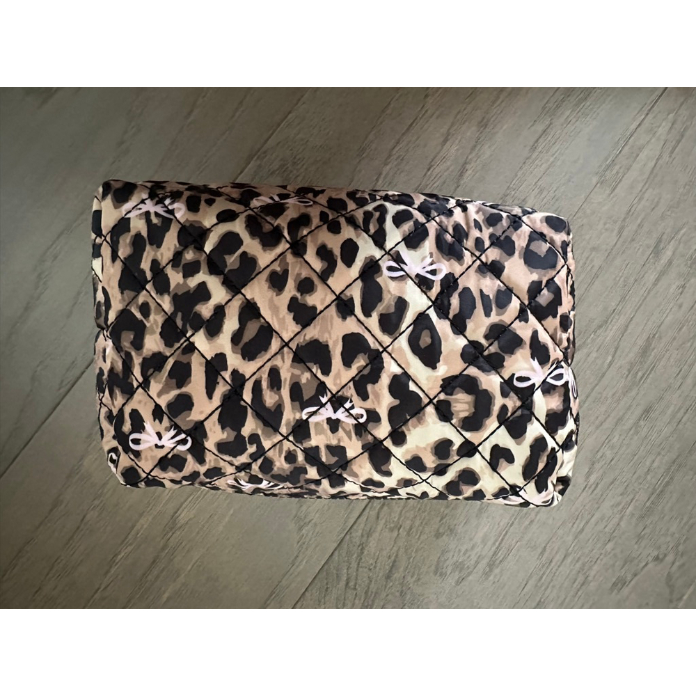 Leopard Print Quilted Cosmetic Bag Pink Bows